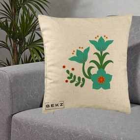 Perna Decorativa Flori Stilizate Folk Turcoaz, 40x40 cm, Bej, Husa Detasabila, Perna Inclusa, BEKZ®