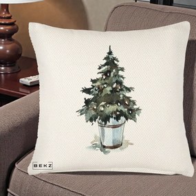Perna Decorativa Brad in Galeata Watercolor, 40x40 cm, Crem Reliefat, Husa Detasabila, Perna Inclusa, BEKZ®