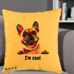 Perna Personalizata Bulldog Francez I'm Cool, 40x40 cm, Galben, Husa Detasabila, Perna Inclusa, BEKZ®