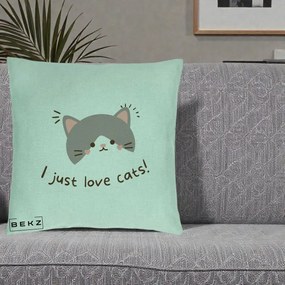 Perna Personalizata I Just Love Cats Pisica Kawaii, 40x40 cm, Verde Menta, Husa Detasabila, Perna Inclusa, BEKZ®