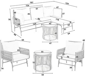 Set de lounge de grădină din 6 piese, frânghie împletită manual cu cadru din fier, 2x fotolii, 2x canapele cu 2 locuri și 2x mese, Gri