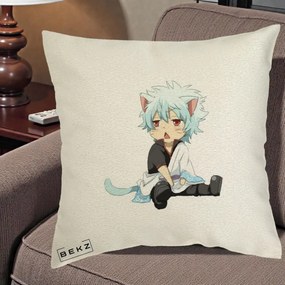 Perna Personalizata Gintama Gintoki Chibi Pisica, 40x40 cm, Ecru, Husa Detasabila, Perna Inclusa, BEKZ®