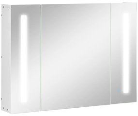 Kleankin Dulap de Baie LED cu Oglindă, 3 Uși și Rafturi Reglabile, Organizator de Depozitare Reglabil, 90x15x65 cm, Alb | Aosom Romania
