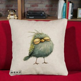 Perna Decorativa Pasare Teal Adormita cu Ochi Galbeni, 40x40 cm, Bej Canapea, Husa Detasabila, Perna Inclusa, BEKZ®