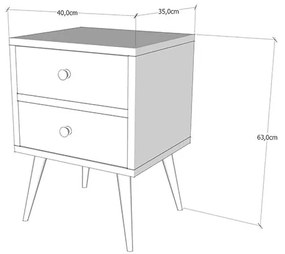 NOPTIERA EASTWOOD, 40X35X62 CM, 2 SERTARE, ALB/NUC, PICIOARE LEMN, PAL MELAMINAT 18 MM