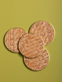Set 4 suporturi pentru pahare din ratan împletit artizanal, bordură aurie, natur, 10 cm, „Rivan"