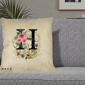 Cadou Personalizat - Perna Personalizata Monogram Litera H cu Flori Acuarela, 40x40 cm, Crem, Husa Detasabila, Perna Inclusa, BEKZ®