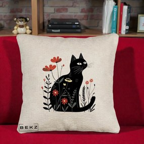 Perna Decorativa Pisica Neagra Flori Rosii Folk, 40x40 cm, Bej Canapea, Husa Detasabila, Perna Inclusa, BEKZ®