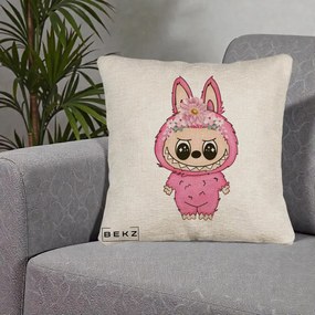 Perna Personalizata Labubu Roz cu Coroana Florala, 40x40 cm, Bej Canapea, Husa Detasabila, Perna Inclusa, BEKZ®