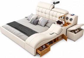 MOBLUX99 Utility 160x200 cm Beige Left Chaise – Pat Inteligent Premium cu Proiector HD, Vibromasaj, Boxe Bluetooth, Încărcare Wireless și Spații Multiple de Depozitare