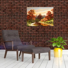 Tablou pe sticlă - Râu în peisaj de toamnă (70x50 cm)