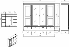 Dulap lemn masiv alb Florence, 253 × 62 × 218 cm