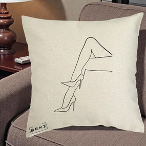 Perna Decorativa Picioare cu Tocuri Line Art, 40x40 cm, Ecru, Husa Detasabila, Perna Inclusa, BEKZ®