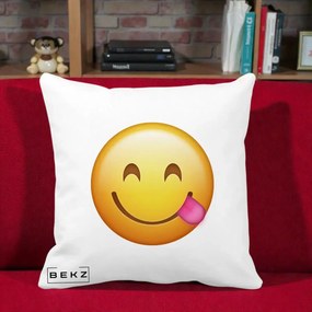 Perna Decorativa Emoji Limba Scoasa, 40x40 cm, Alba Mata, Husa Detasabila, Perna Inclusa, BEKZ®