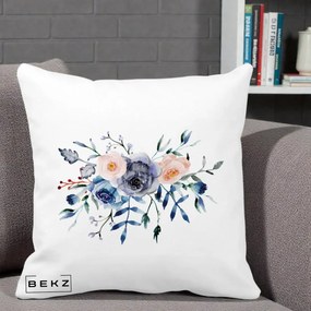 Perna Decorativa Buchet Flori Albastre Acuarela, 40x40 cm, Alba Mata, Husa Detasabila, Perna Inclusa, BEKZ®