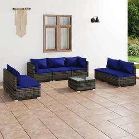 Set mobilier de gradina cu perne, 8 piese, gri, poliratan gri si bleumarin, 2x colt + 5x mijloc + masa, 1