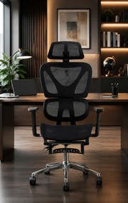 RIGACHAIR Scaun ergonomic, cotiere 2D, tetiera 2D, recliner 155°, suport picioare, Full Mesh, Negru