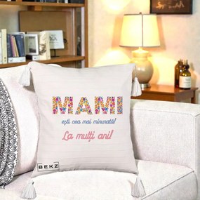 Cadou pentru Mama - Perna Personalizata Mami Esti Cea mai Minunata La Multi Ani cu Litere Florale, 40x40 cm, Bej cu Franjuri, Husa Detasabila, Perna Inclusa, BEKZ®