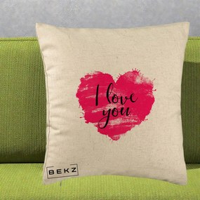 Cadou Romantic - Perna Personalizata I Love You Inima Roz, 40x40 cm, Bej, Husa Detasabila, Perna Inclusa, BEKZ®