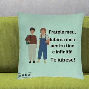 Cadou pentru Frate - Perna Personalizata Fratele Meu Te Iubesc Elevi Ilustratie Colorata, 40x40 cm, Verde Menta, Husa Detasabila, Perna Inclusa, BEKZ®