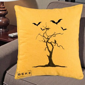 Perna Decorativa Halloween Copac cu Lilieci Alb-Negru, 40x40 cm, Galben, Husa Detasabila, Perna Inclusa, BEKZ®