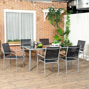 Outsunny Set de mobilier de grădină 6 scaune + 1 masă din oțel salon de grădină 7 piese scaune empilabile placă din sticlă securizată negru | Aosom Romania