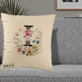 Cadou Personalizat - Perna Personalizata Monogram Litera I cu Flori Acuarela, 40x40 cm, Bej, Husa Detasabila, Perna Inclusa, BEKZ®