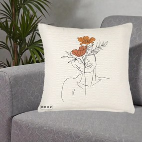 Perna Decorativa Portret Feminin Doua Flori, 40x40 cm, Crem Reliefat, Husa Detasabila, Perna Inclusa, BEKZ®