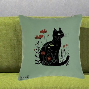 Perna Decorativa Pisica Neagra Flori Rosii Folk, 40x40 cm, Verde, Husa Detasabila, Perna Inclusa, BEKZ®