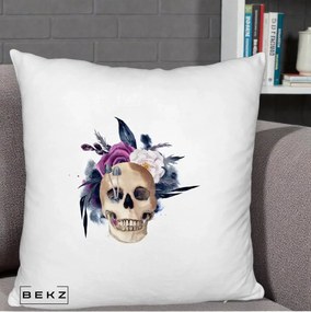 Perna Decorativa Craniu Floral cu Trandafiri si Ciuperci, 40x40 cm, Alb Pufos, Husa Detasabila, Perna Inclusa, BEKZ®