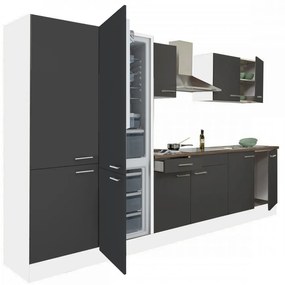 Mobilă de bucătărie Yorki 330 cu corp alb, față antracit satinat, dulap cu rafturi și frigider congelator inferior
