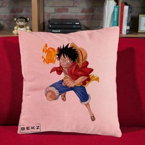 Perna Personalizata One Piece Luffy Gear Second Foc, 40x40 cm, Roz, Husa Detasabila, Perna Inclusa, BEKZ®