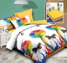 Lenjerie de pat din Finet, 6 piese cu husa elastic pentru saltea Rainbow Flowers