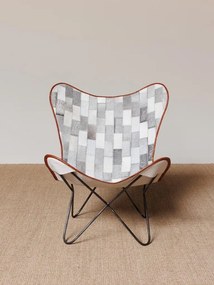 Fotoliu patchwork gri din piele de vacă cu structură din metal, „Aubrac Butterfly”