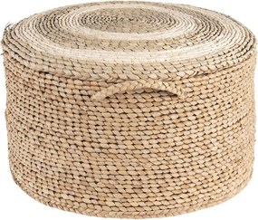 Puf rotund din paie, natur, cu cercuri deschise pe fața de sus și mâner împletit, 23 x Ø 40 cm, „Meule”