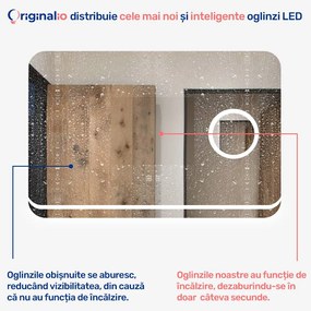 Oglindă LED Dreptunghiulară (90x60 cm), 3 Moduri Iluminare (Lumină Rece, Naturală, Caldă), Intensitate Reglabilă, Funcție Dezaburire, Lupă Cosmetică, Control Tactil (Touch)