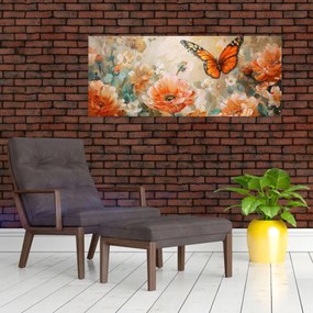 Tablou - Fluture și flori, pictură în ulei (120x50 cm)