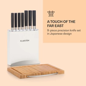 Klarstein Kitano Plus, Set de cuțite, set din 9 bucăți, suport din lemn, bucată din bambus pentru tăiere, albă