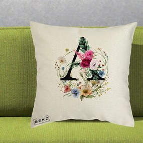 Cadou Personalizat - Perna Personalizata Monogram Litera A cu Flori Acuarela, 40x40 cm, Ecru, Husa Detasabila, Perna Inclusa, BEKZ®
