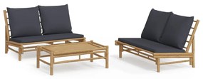 3156482 vidaXL Set mobilier de grădină, perne gri închis, 3 piese, bambus
