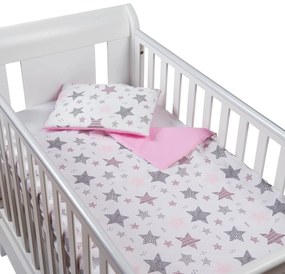 Set lenjerie 3 piese din bumbac Kidizi Pink Stars, perna bebelus, plapumioara  si cearceaf