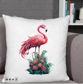 Perna Decorativa Flamingo cu Trandafiri Tropicali, 40x40 cm, Alb Pufos, Husa Detasabila, Perna Inclusa, BEKZ®
