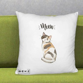 Perna Personalizata Pisica Meow Acuarela, 40x40 cm, Alb Pufos, Husa Detasabila, Perna Inclusa, BEKZ®