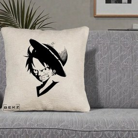 Perna Personalizata One Piece Luffy Silueta Alb-Negru, 40x40 cm, Bej Canapea, Husa Detasabila, Perna Inclusa, BEKZ®