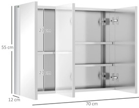 kleankin Spiegelschrank, dulap de baie, 3 uși cu oglindă, 5 rafturi interioare, oțel inoxidabil, Culoare: Argintiu, 70 x 12 x 55 cm | Aosom Romania