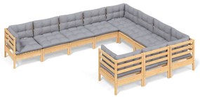 3096994 vidaXL Set mobilier de grădină cu perne gri 10 piese lemn masiv de pin