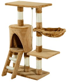 PawHut Arbore pentru pisici Răzuitoare 55x30x95 cm cu Cuib Platformă Casetă Scară Sfoară de Joc Placă de Lemn și Acoperit cu Catifea Maro | Aosom Romania