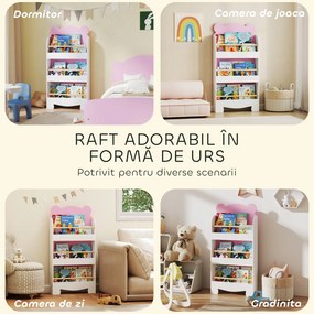 AIYAPLAY Bibliotecă pentru Copii 3 Rafturi în Formă de Ursuleț 55x15x110 cm, Roz | Aosom Romania