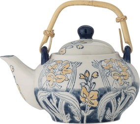 Ceainic din ceramică, cu motiv floral albastru pictat manual și mâner din bambus, cu infuzor, „Myah", 15 x 15 cm