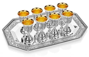Set tava cu 8 pahare argint masiv Poppy placate cu aur